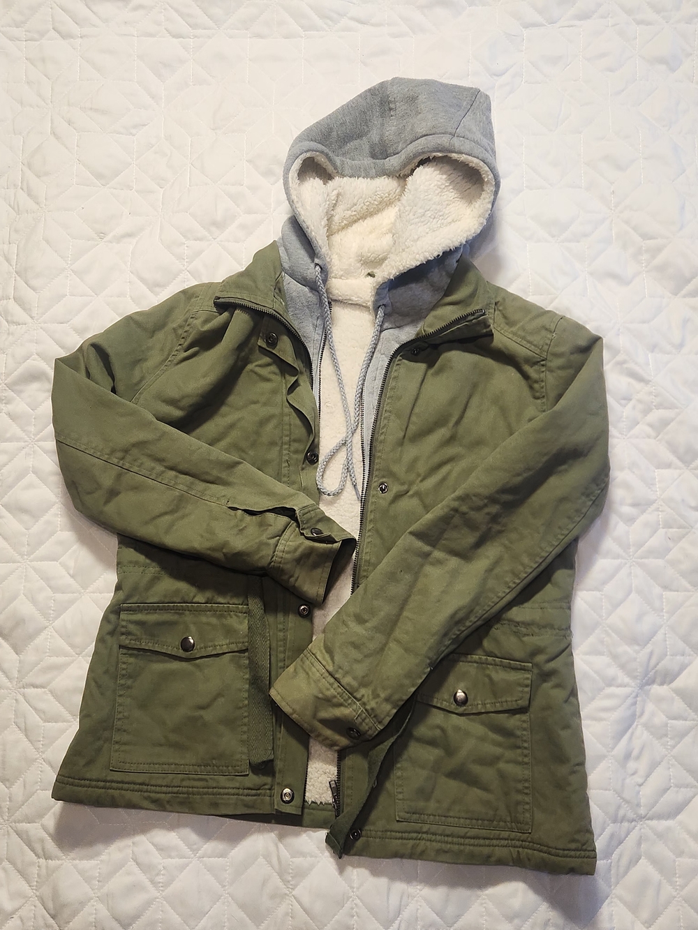 Kids Olive Green Hooded Utility Jacket with Sherpa Lining